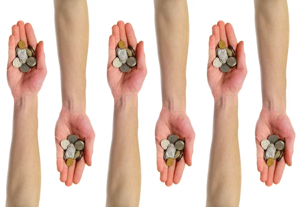 Weiße Kaukasische Hände Die Einen Haufen Münzen Halten Und Hin — Stockfoto