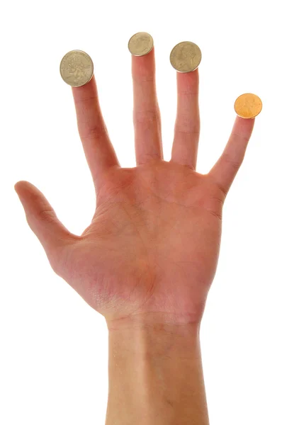 つの米国のアメリカのコインは 白い背景で隔離の順序で各指に — ストック写真