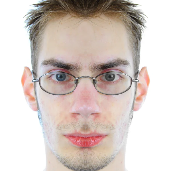 Symmetriska Vita Manliga Kaukasiska Ansikte Stirrade Kameran Isolerad Vit — Stockfoto