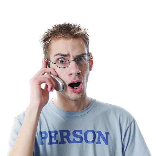 Fiatal Éves Felnőtt Tinédzser Beszél Miniatűr Sejtes Telefon Elszigetelt Fehér — Stock Fotó