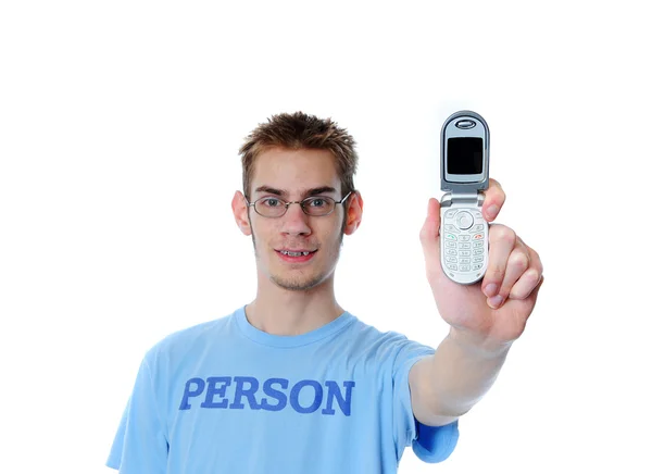 Remaja Berusia Tahun Menunjukkan Handphone Miniatur Barunya Kepada Penonton Yang — Stok Foto