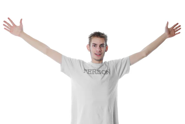 Jovem Anos Adulto Agitando Braços Isolado Sobre Fundo Branco Shirt — Fotografia de Stock