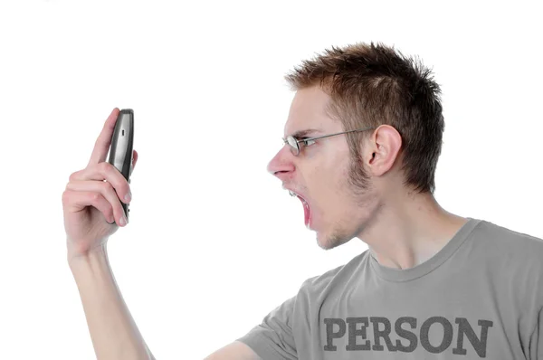 Młody Letni Nastolatek Dorosłych Krzyczy Jego Telefon Komórkowy Białym Tle — Zdjęcie stockowe