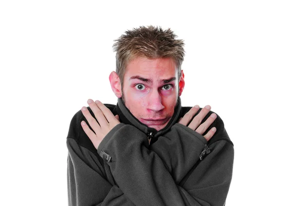 Uomo Trema Con Una Faccia Rossa Isolata Sfondo Bianco Giovane — Foto Stock