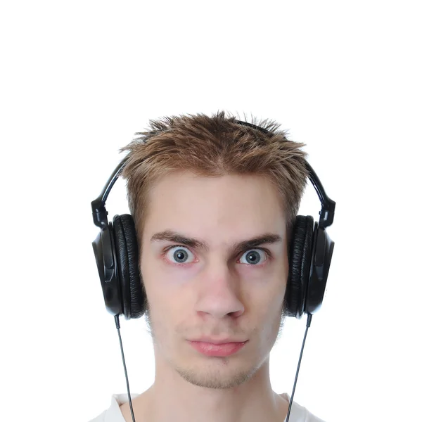 Young Adult Teen Listens Music His Headphones Isolated White Square — Stock Photo, Image