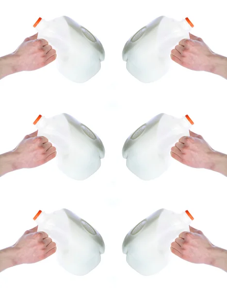 Braço Mão Segurando Caixas Jarro Leite Plástico Isolado Fundo Branco — Fotografia de Stock