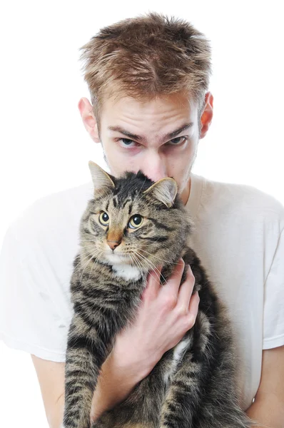 年轻白白种男性成年人持有了他新的宠物小猫 这是一只缅因库恩猫 — 图库照片