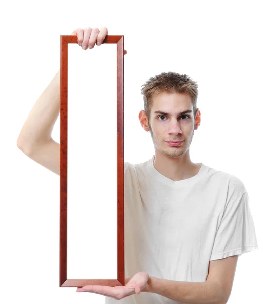Young White Caucasian Adult Male Holds Empty White Sign Wooden — Stock Photo, Image