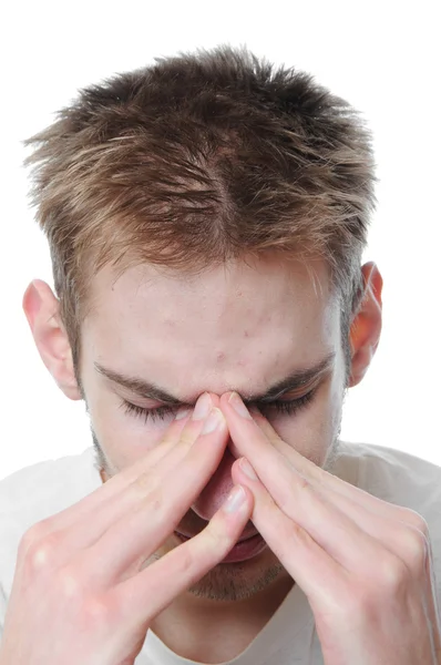 Young Adult Man Stressed Rubs His Eyes Pain Isolated White — Stock Photo, Image