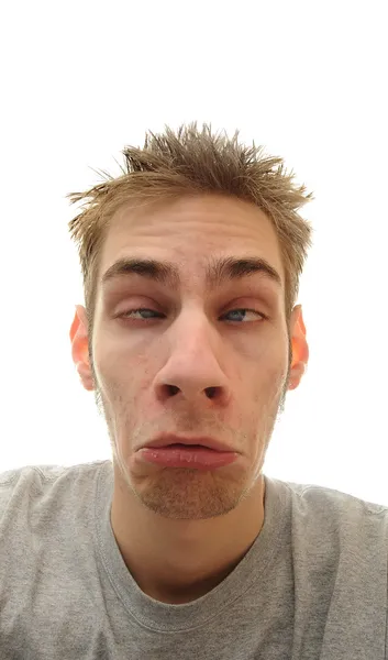 Ung Vuxen Man Gör Ett Dumt Droopy Ansikte Isolerad Vit — Stockfoto