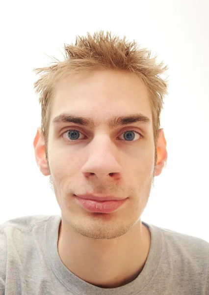Jonge Tiener Man Smirks Terwijl Staren Ruimte Geïsoleerd Een Witte — Stockfoto