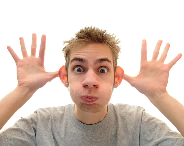 Young Adult Man Makes Silly Monkey Face Pure White Background — Stock Photo, Image