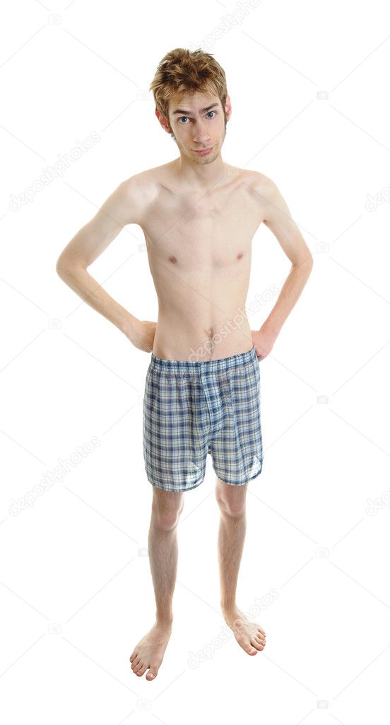 A young white Caucasian adult wearing underwear isolated on white.