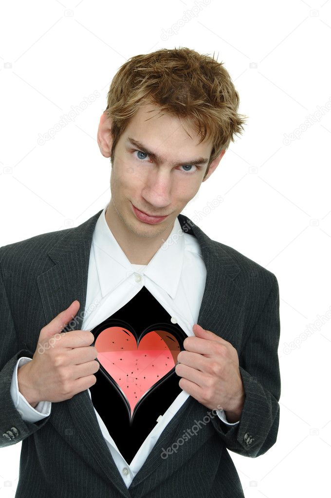 A young boyfriend in a business suit pulls open his clothing to reveal his heart with a smirk on his face.