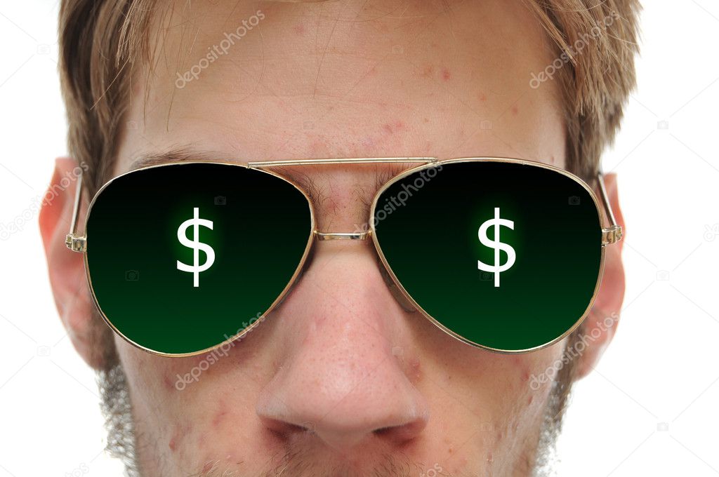 Close up of man with aviators sun glasses on white background dollars