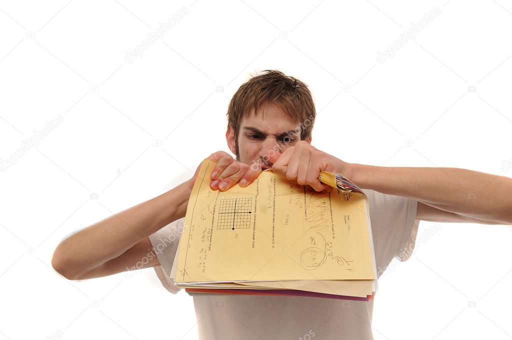 Angry young man ripping trying to papers on white background.