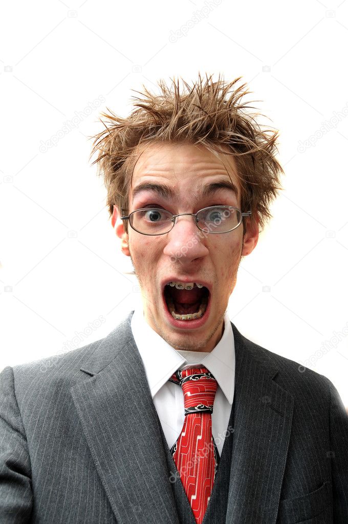 Frustrated bsuinessman in suit screaming isolated on white background