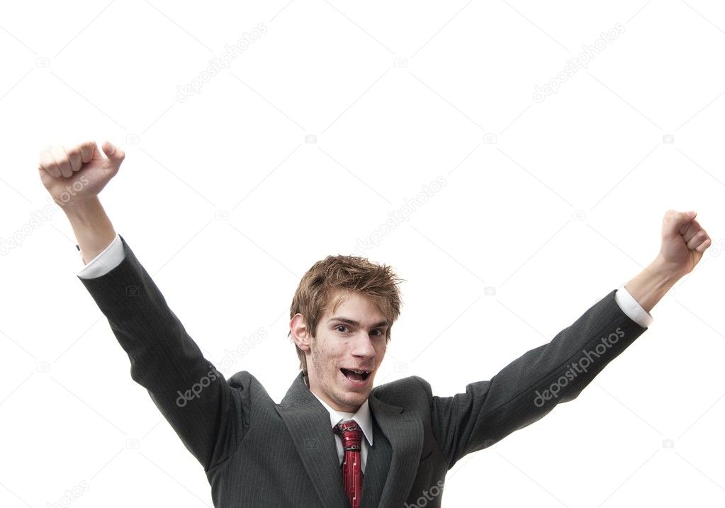 Happy Man with arms up in air isolated on white