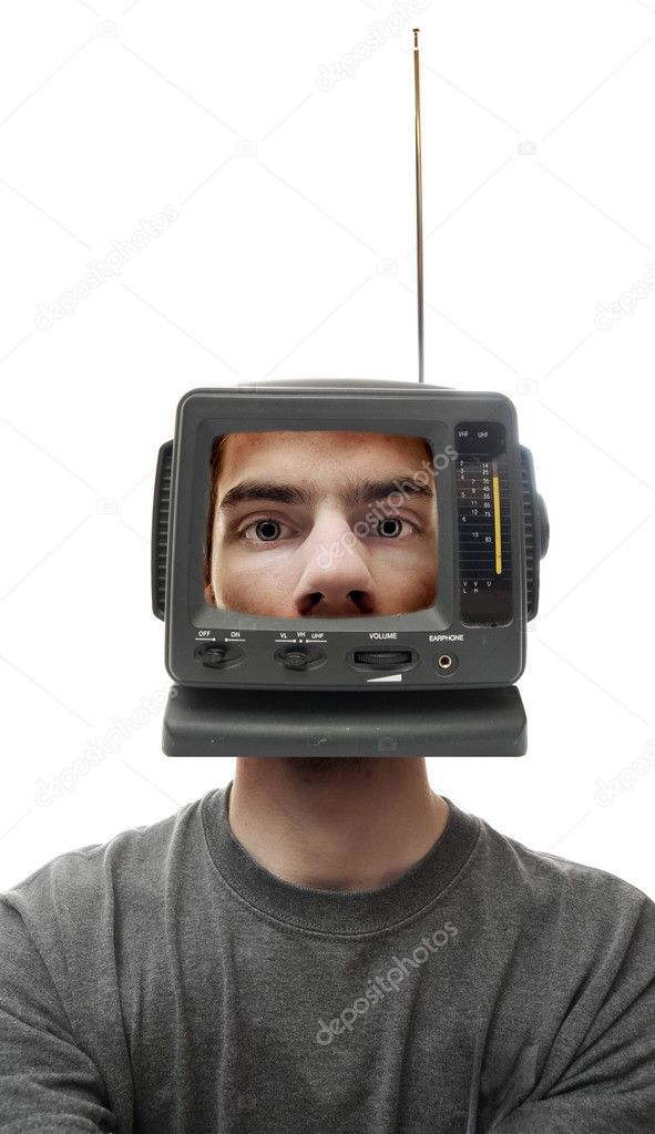 A miniature television screen on a person's head. This demonstrates what is on his mind, and perhaps brainwashing.