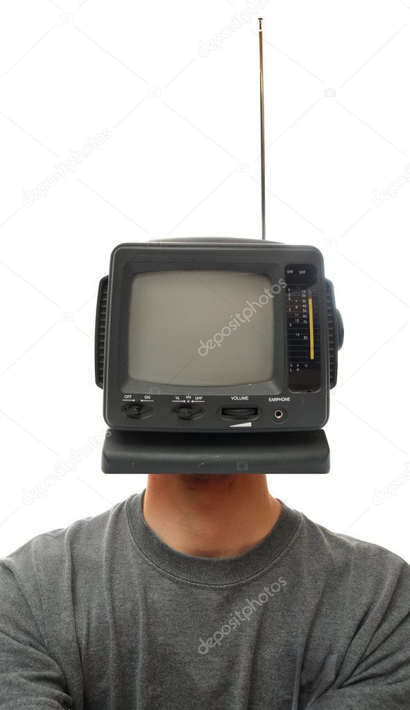 A miniature TV screen on a person's head. This demonstrates what is on his mind, and perhaps brainwashing.