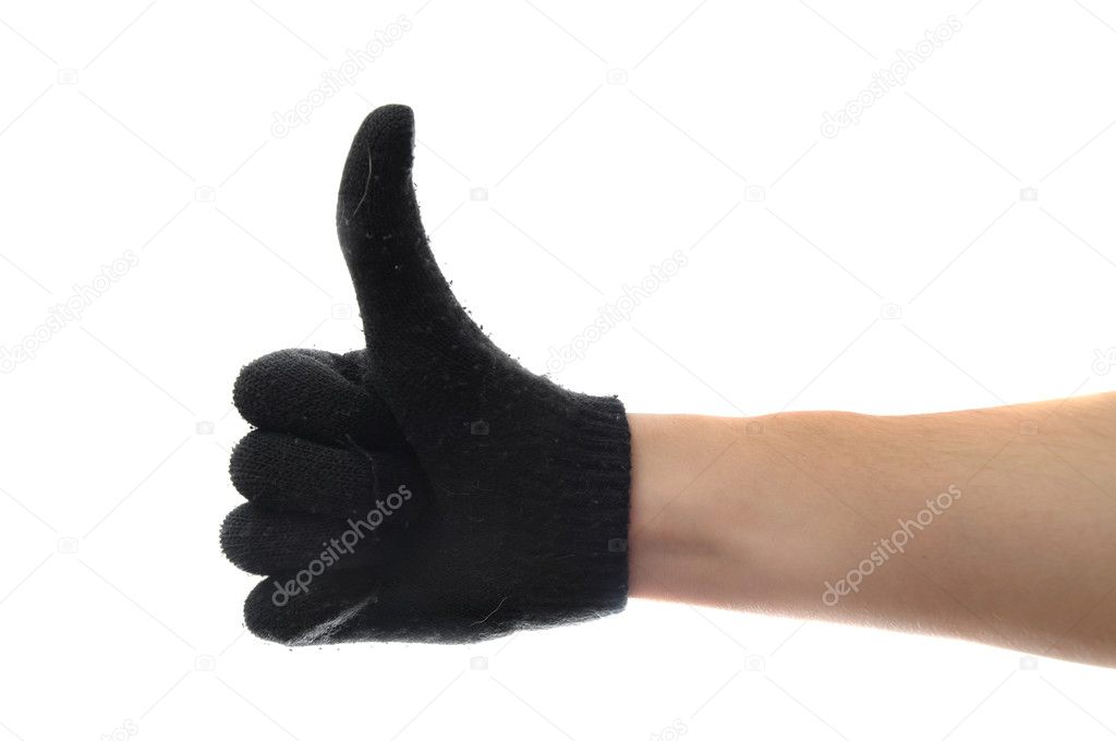 Black glove on a white hand with thumbs up isolated on white background.