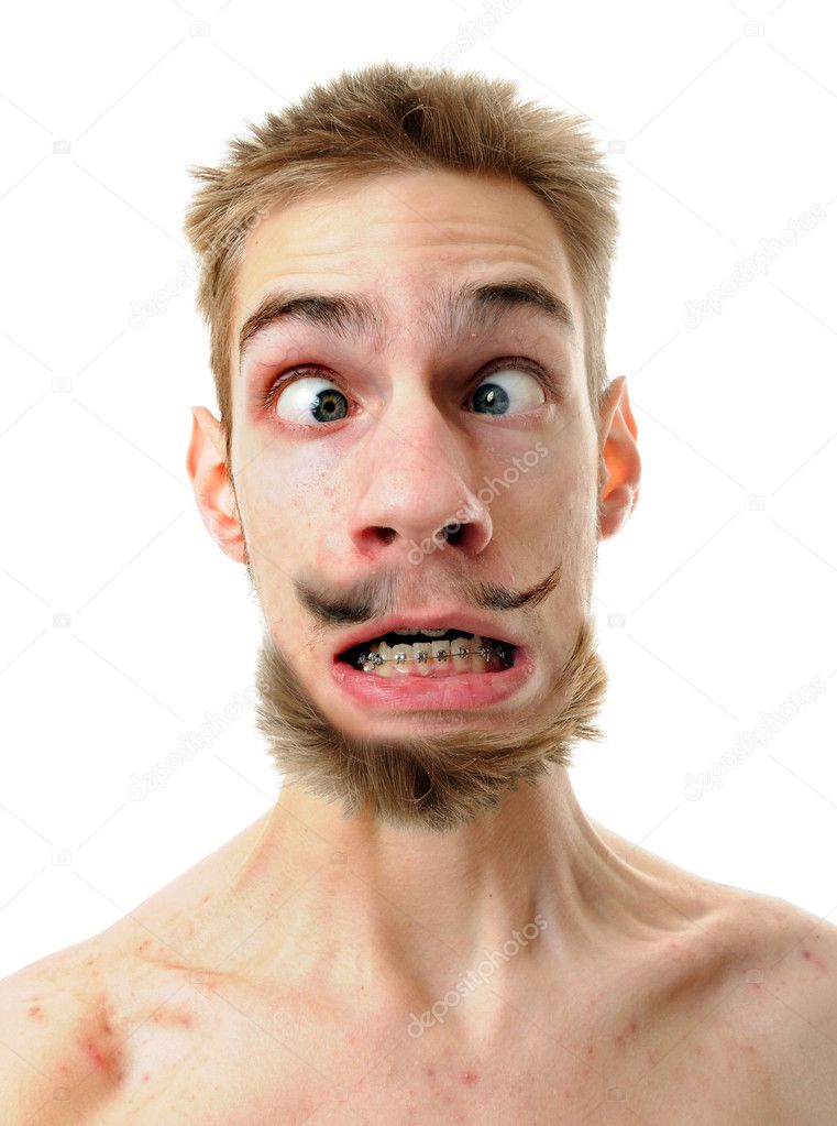A silly white male isolated on white background with his throat tenses up with his eyes crossed. He has a weird mustache and beard.