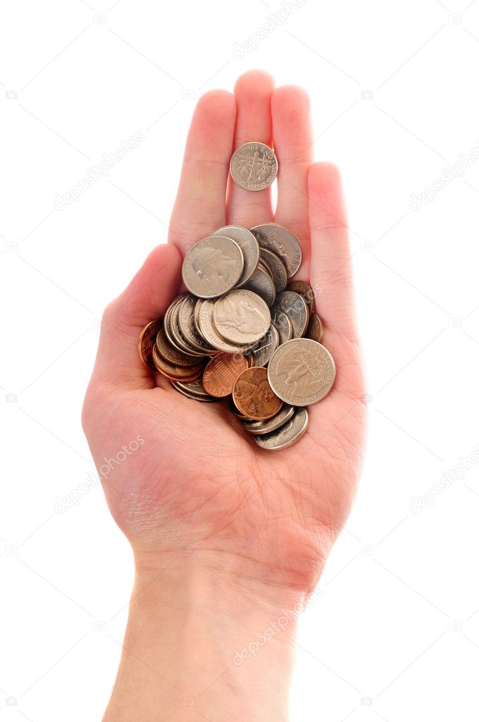 White Caucasian hand holding money out isolated on white background in the palm of his hand.