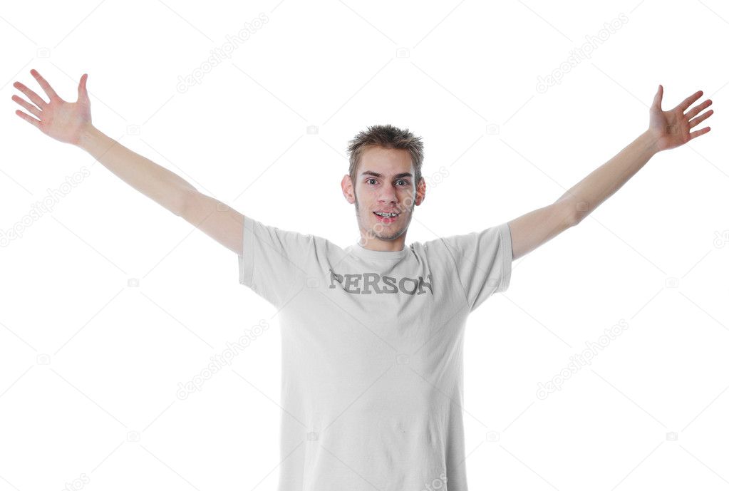 Young Man with arms up in air — Stock Photo © vlue 4629150