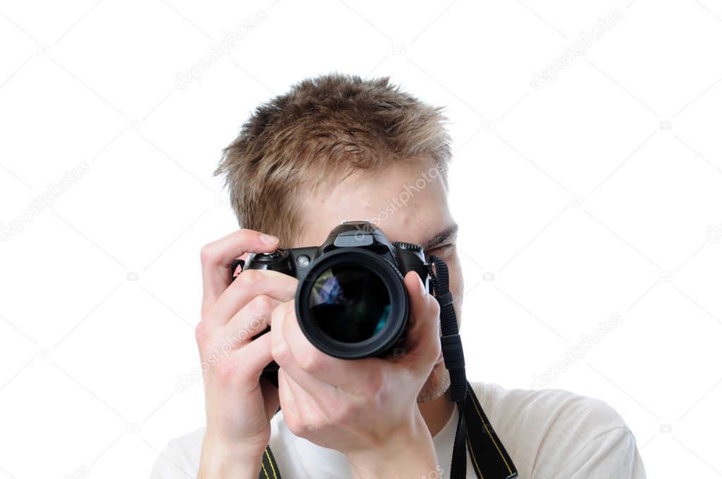 paparazz takes a picture directly at you, isolated on white background.