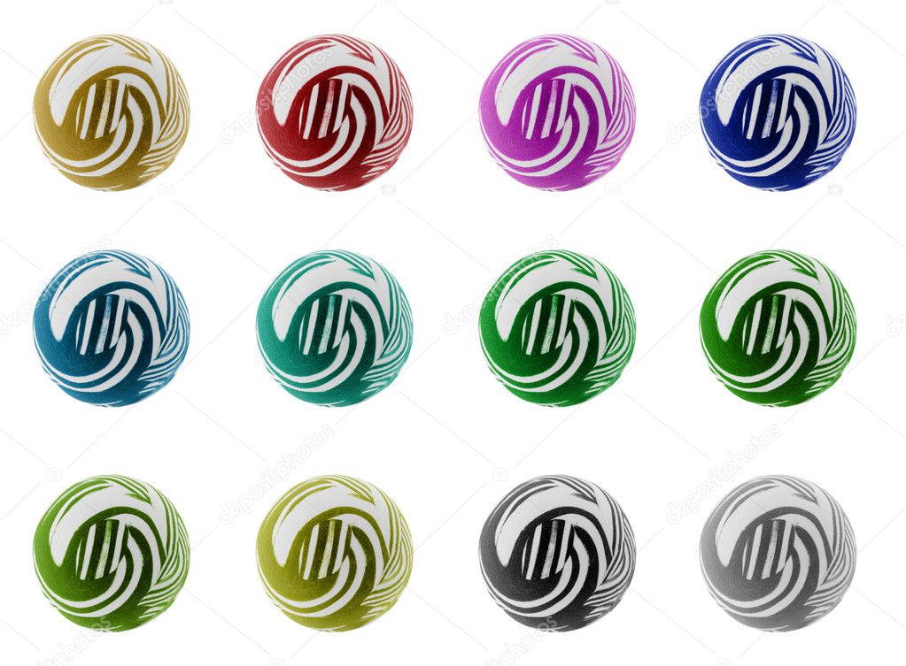 These were originally round rubber balls. This is a photograph. Each ball is a different color and is isolated on white.