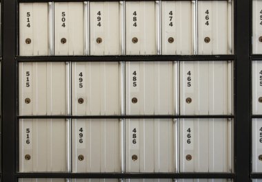 Post office boxes. These postoffice boxes are numbered with three digits and they are all closed clipart