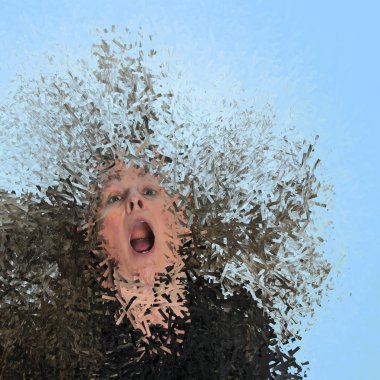 A woman screaming in front of a blue background with her hair blasting behind her. clipart