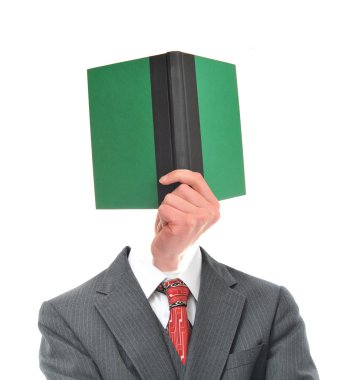 A man in a pinstriped suit holding up a green hard cover book isolated on white as his head clipart