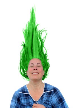 Happy woman with a huge grin showing her teeth with her acid green hair up in the air clipart