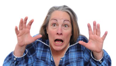 Terrified woman screaming for her life in shock and fear. Isolated on white background clipart
