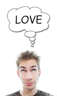 Young adult white Caucasian man thinks about love in his think bubble above his head isolated on white background clipart