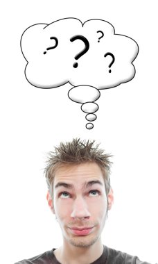 Young white Caucasian male adult has way too many questions in his head clipart
