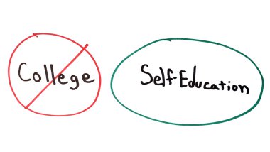 Hand writing the disadvantages of college and the advantages of self-education. clipart