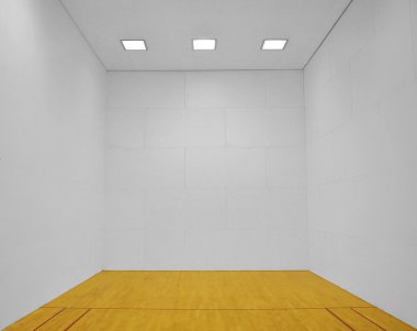 Large empty room with a wooden floor and white wooden tile walls with square lights on the ceiling and lots of open blank empty space. clipart