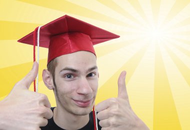 Young white male Caucasian teenage highschool graduate smiling with his thumbs up clipart