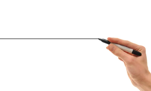 Hand Holding Black Marker Drawing Perfectly Straight Black Line White — Stock Photo, Image