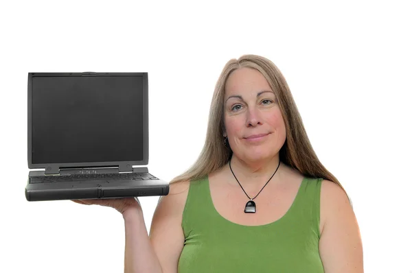 Attraktiv Kvinna Håller Laptop Isolerad Vit Bakgrund — Stockfoto
