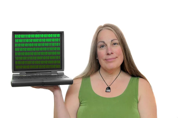 Žena Držící Přenosný Počítač Binárním Kódem Obrazovce — Stock fotografie