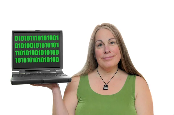 Mulher Segurando Computador Portátil Com Código Binário Tela — Fotografia de Stock