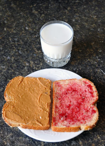 Open Peanut Butter Jelly Sandwich Counter Top Glass Milk Plate — Stock Photo, Image