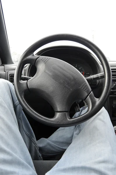 Deitado Volta Interior Carro Com Volante Couro Preto — Fotografia de Stock