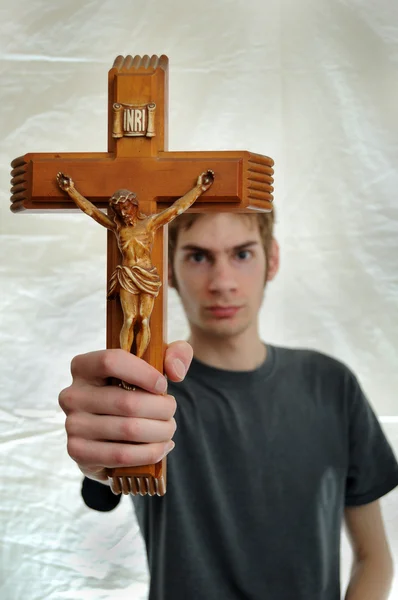 Young Man Holds Wooden Crucifix Jesus — Stock Photo, Image