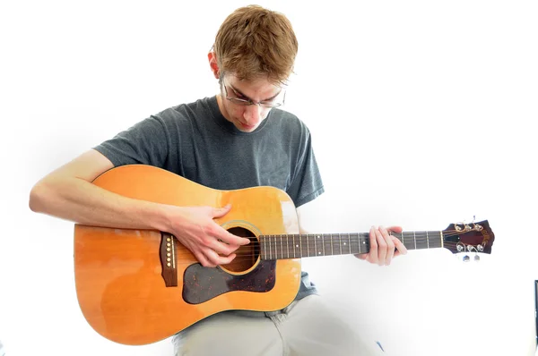 Young White Teenager Playing Acoustic Guitar Isolated White — Stock Photo, Image