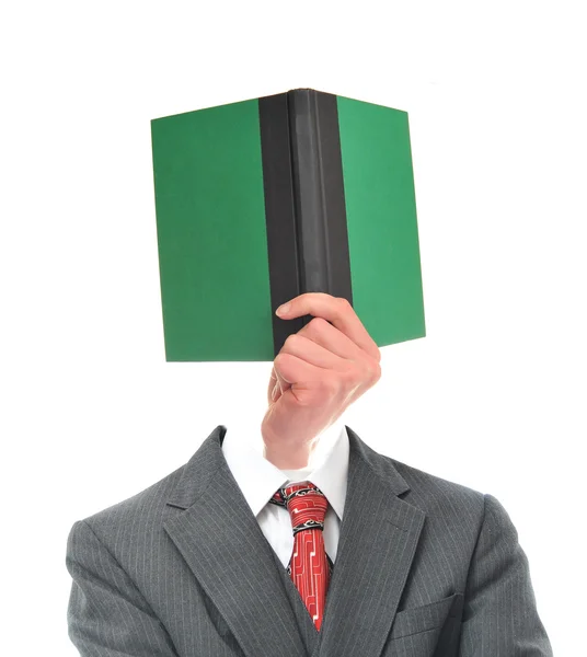 一名男子举起白色作为他的头上被隔绝的绿色精装书籍条纹西装 — 图库照片