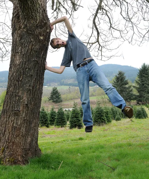 Genç Adam Kendini Ağaca Yerden Levitating Süre Tutan — Stok fotoğraf